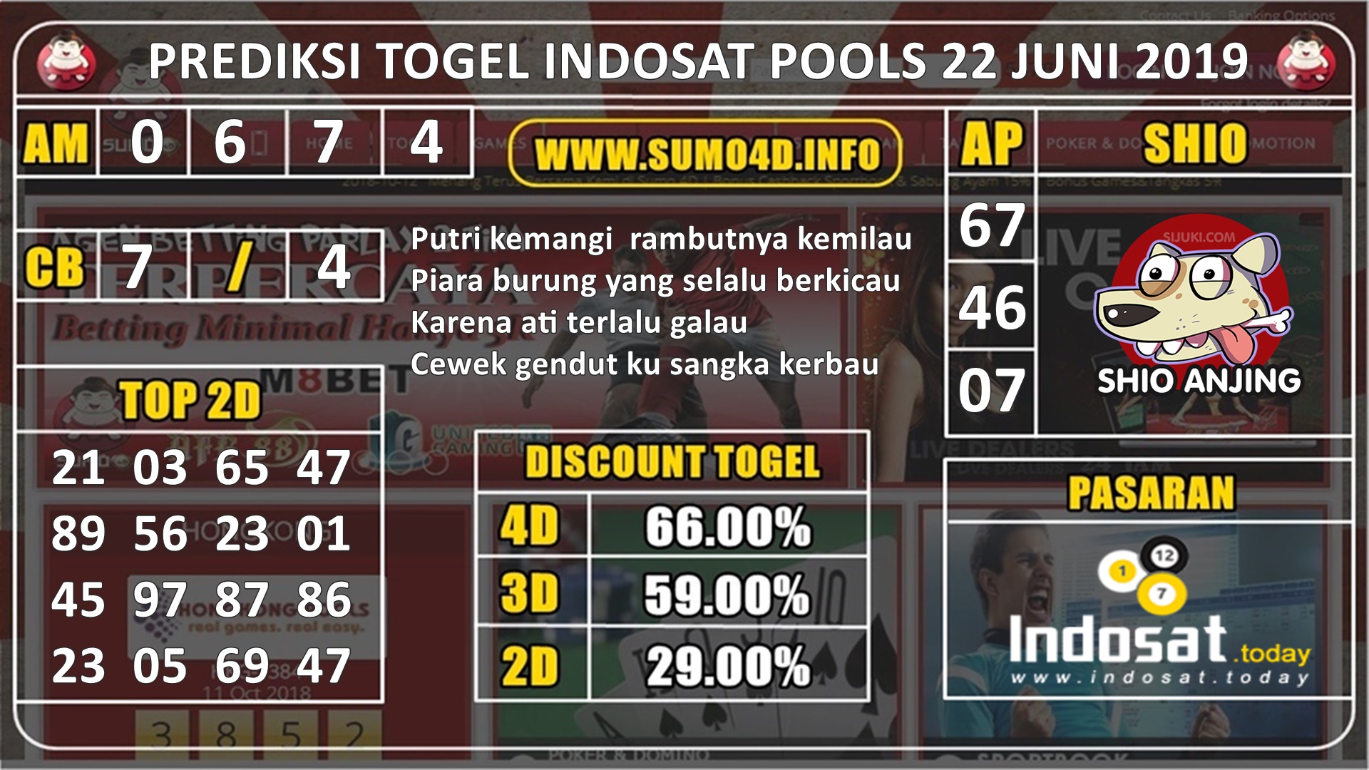 PREDIKSI TOGEL INDOSAT POOLS 22 JUNI 2019