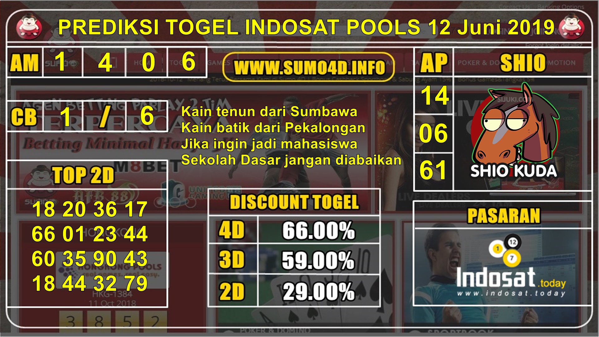 BOCORAN TOGEL INDOSAT POOLS 12 JUNI 2019