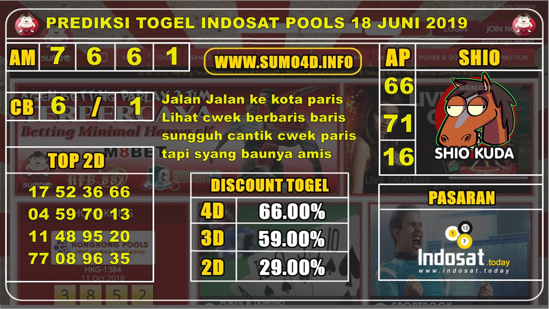 BOCORAN PREDIKSI INDOSAT POOLS 18 JUNI 2019