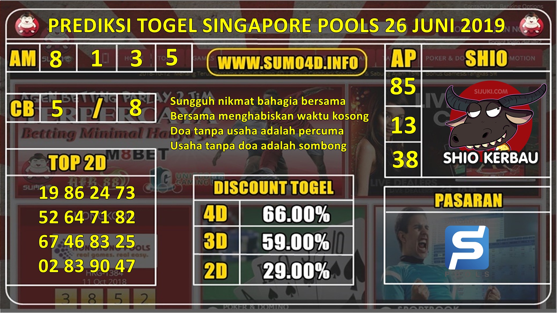 BOCORAN ANGKA MAIN SINGAPORE POOLS 26 JUNI 2019