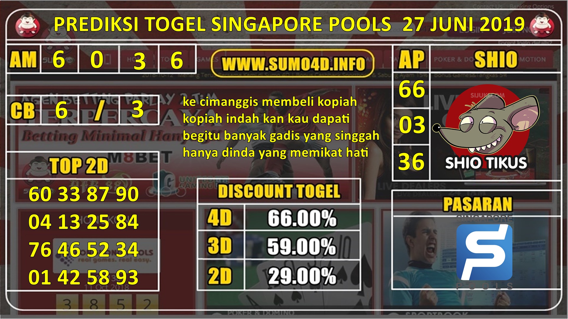 PREDIKSI JITU TOGEL SINGAPORE POOLS 27 JUNI 2019