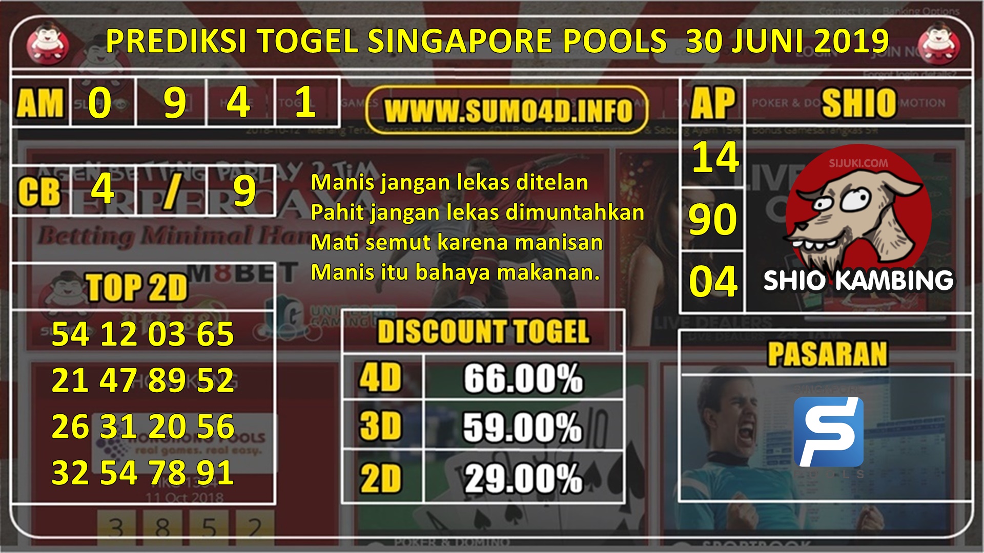 Togel Sumo Sgp Hari Ini
, Prediksi Hari Ini Togel Singapore Pools 30 Juni 2019