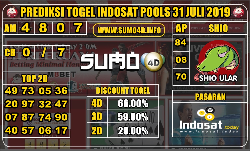 PREDIKSI TOGEL INDOSAT POOLS 31 JULI 2019