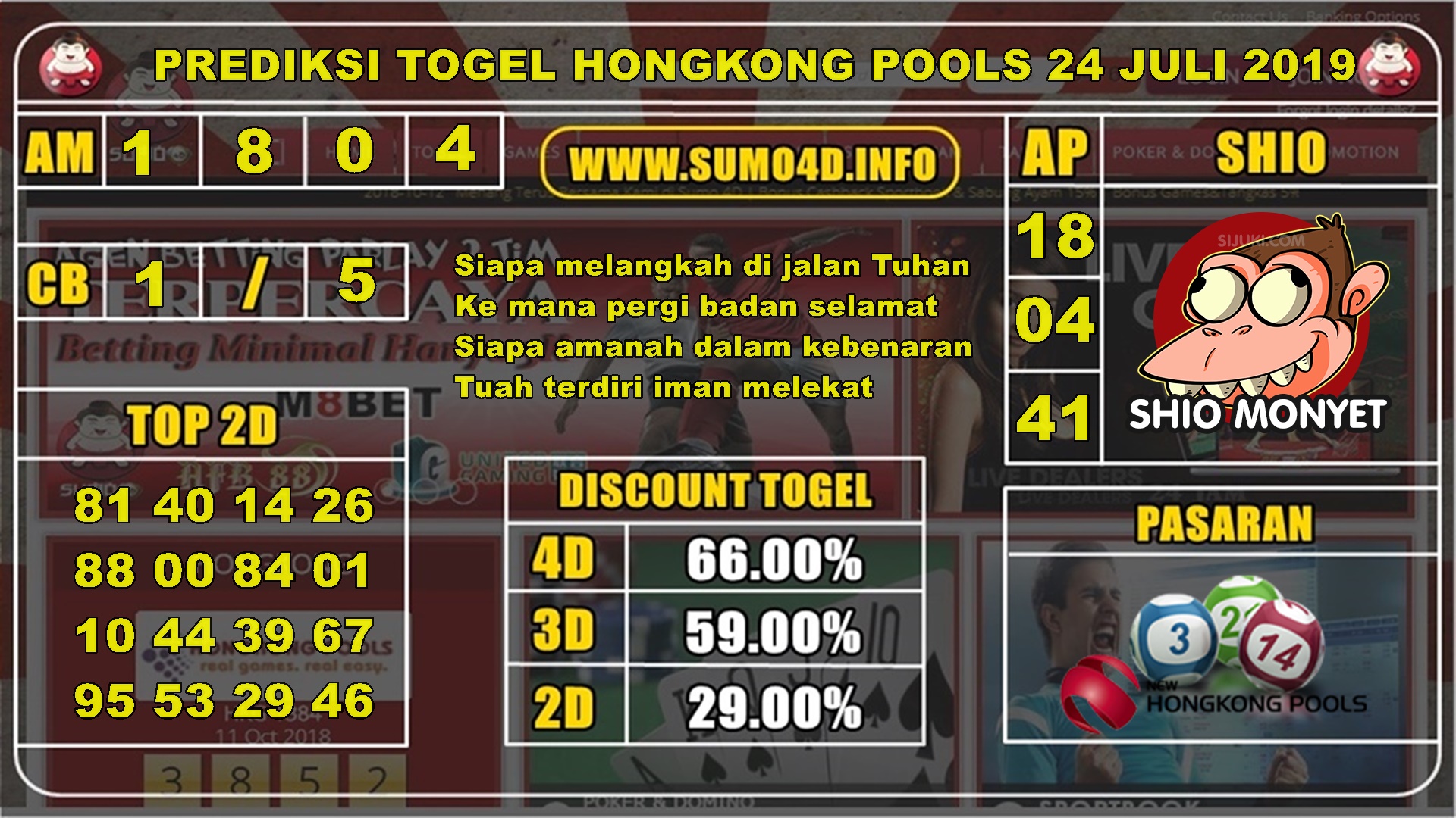 Agen Togel Sydneypaling terpercaya yaitu Sumo4D.PREDIKSI TOGEL HONGKONG POOLS 24 JULI 2019 Setiap harinya selalu memberikan yang paling jitu.