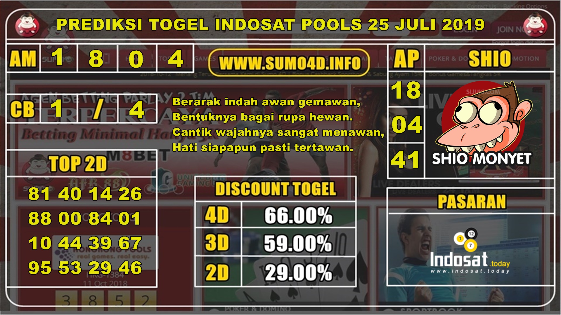 PREDIKSI TOGEL INDOSAT POOLS 25 JULI 2019