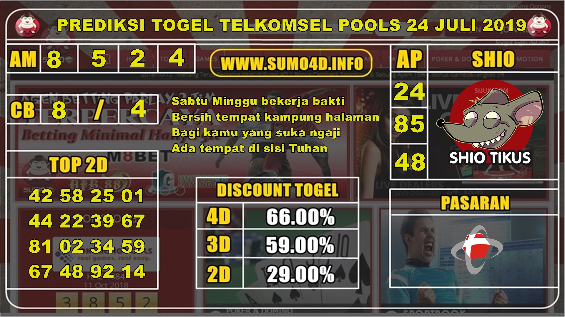 PREDIKSI TOGEL TELKOMSEL POOLS 24 JULI 2019