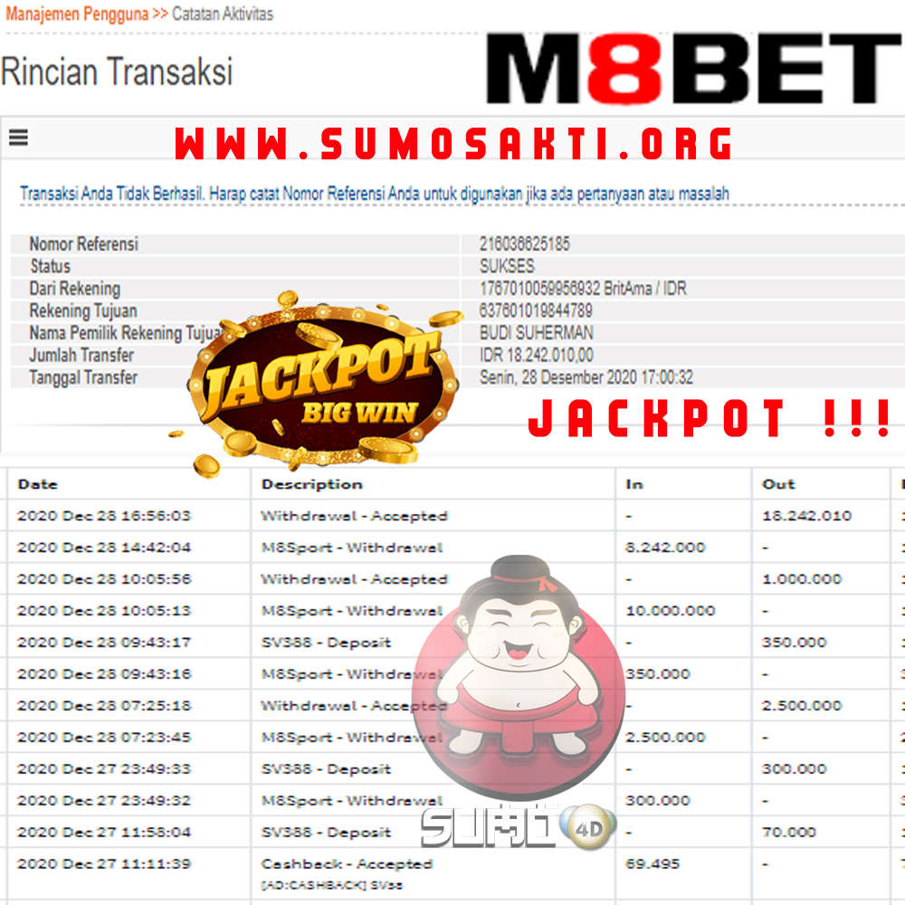 BUKTI JACKPOT SPORTBOOKS Rp 18.242,010 MEMBER SUMO4D