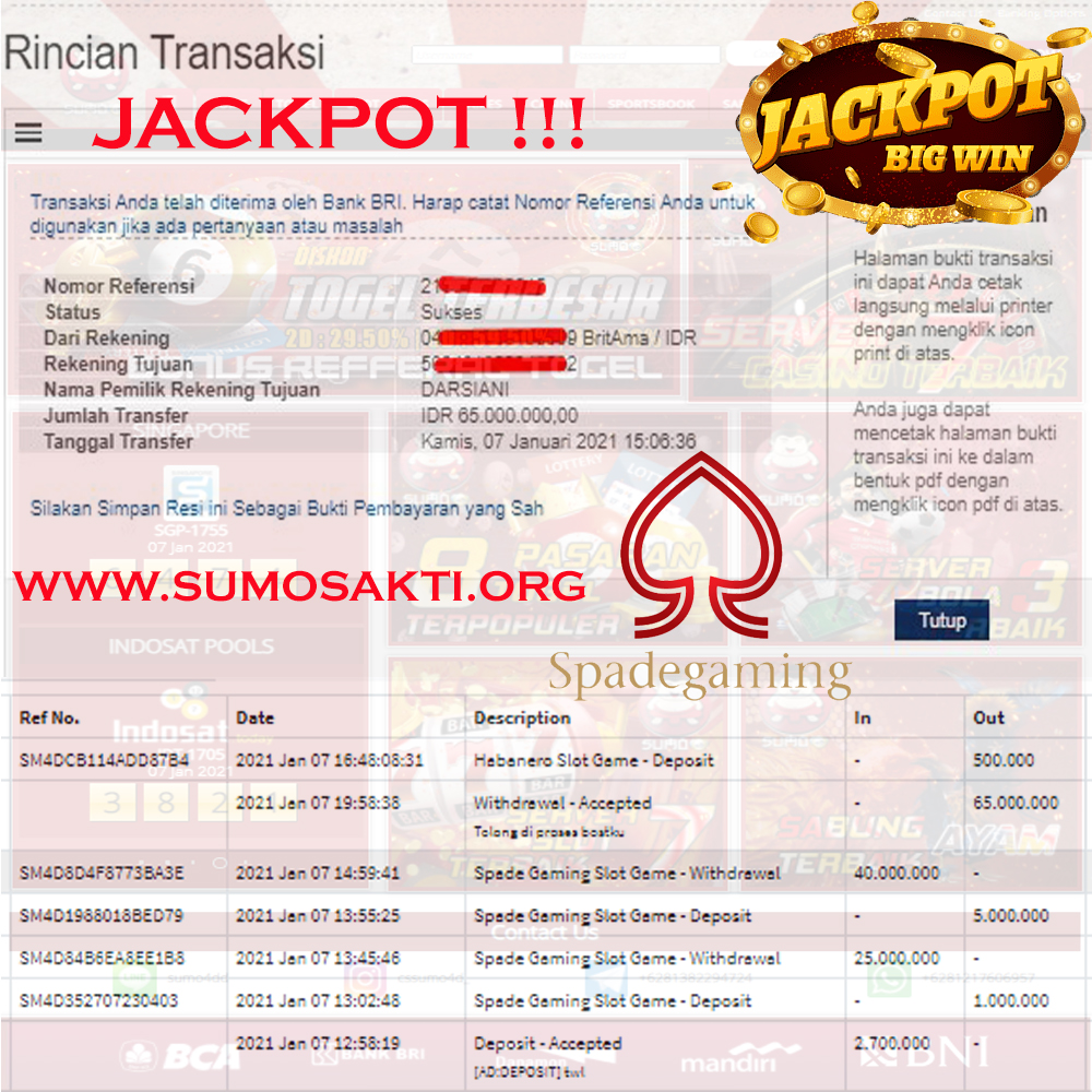 BUKTI JACKPOT SLOT GAMES Rp 65.000.000 MEMBER SUMO4D