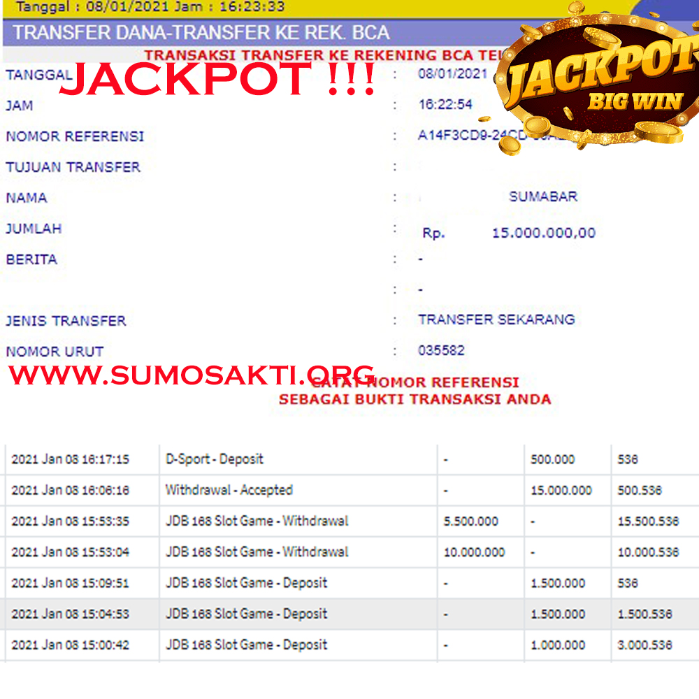 BUKTI JACKPOT SLOT GAMES Rp 15.000.000 MEMBER SUMO4D