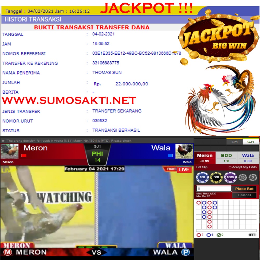 BUKTI JACKPOT SABUNG AYAM Rp 22.000.000 MEMBER SUMO4D